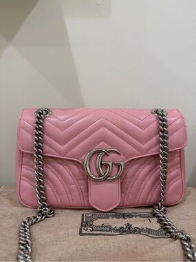 Gucci Pink GG Marmont Small Chevron Shoulder Bag-Wild Rose Pink like new 98-99%